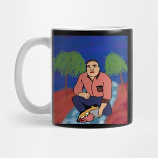 drawing man caught trout in crick Mug